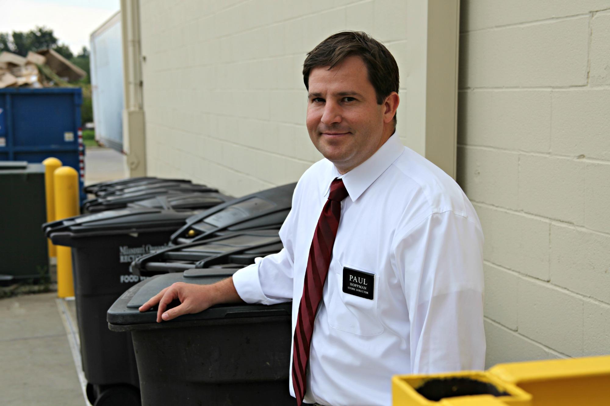 Paul Hoppman, director of a Hy-Vee grocery store in Independence, Mo., owns ten compost bins that get picked up three times a week. Composting has helped his store reduce the amount of food waste it was sending to the landfill.