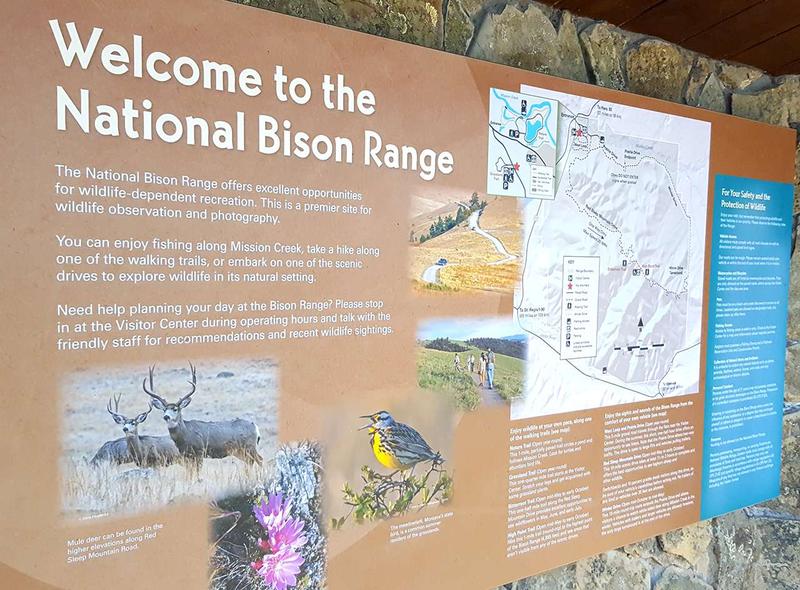 An informational sign at the entrance of the National Bison Range near Moiese, MT.