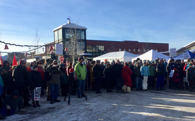 Whitefish residents held a "love not hate" rally January 7, 2017 in response to calls from a neo-Nazi website to target locals with anti-Semitic online harassment. 