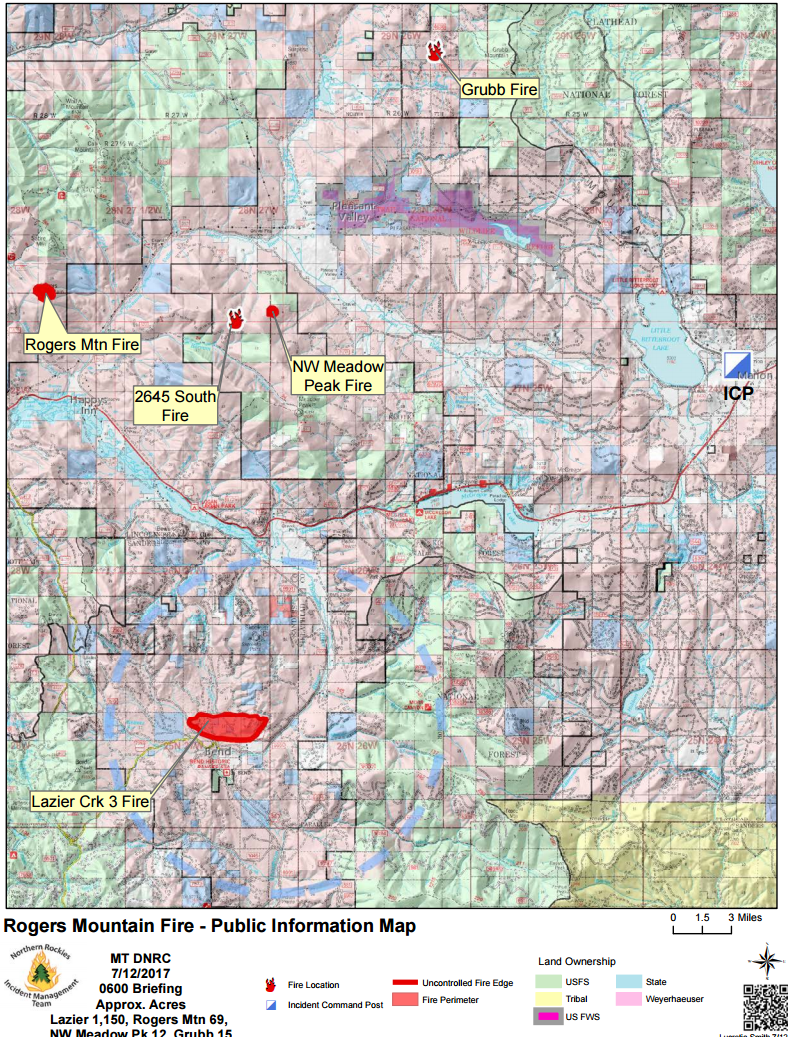 A map of the fires burning between Kalispell and Libby, updated July 12, 2017