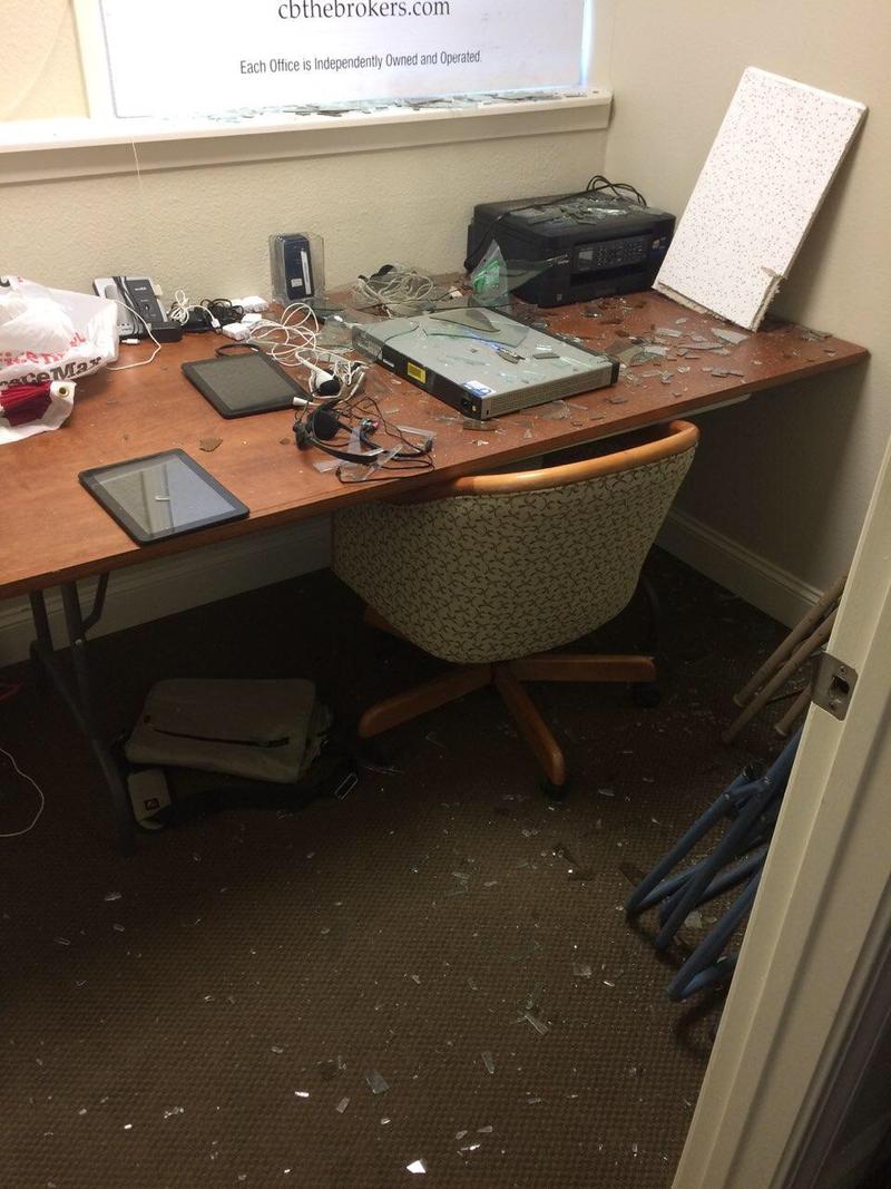 The Rosendale Campaign took this photo of what they say is the glass of a broken window at their office in Billings. A police report on the incident was filed Wednesday.