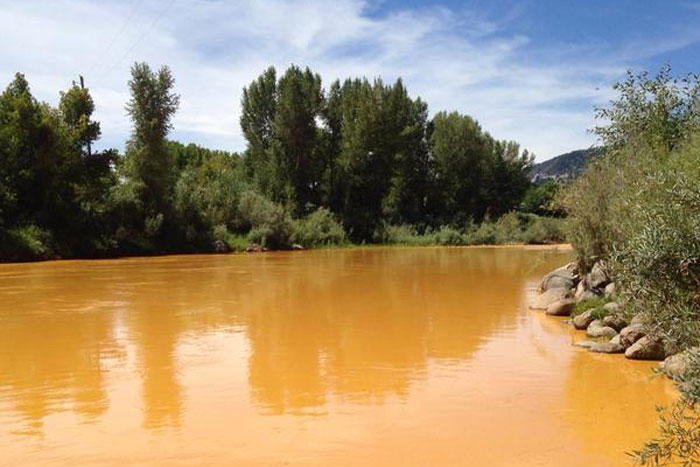 The Animas River turned orange with mine waste after a spill of a million gallons from a mine above Silverton.