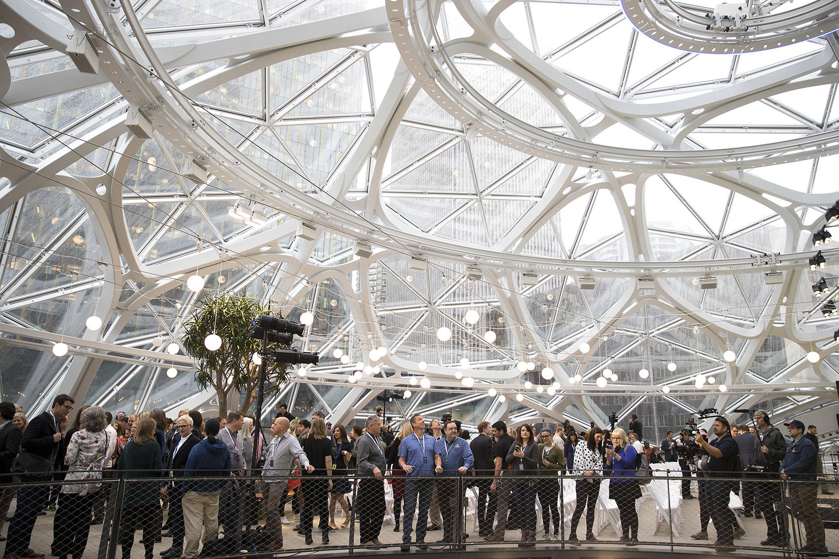 A large crowd is shown on Monday, January 29, 2018, during the grand opening of The Spheres, in Seattle. 