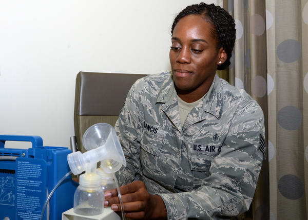 Staff Sgt. Melishia Francis prepares her breast pump in a lactation room at Lackland Air Force Base's Wilford Hall Medical Hospital.