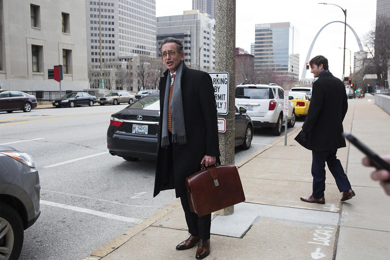 Attorney Al Watkins speaks with reporters outside the Carnahan Courthouse in downtown St. Louis following a hearing. March 26, 2018.