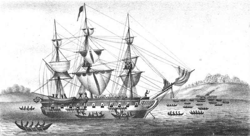 Drawing of the Tonquin under attack from tribal warriors off the West Coast of Vancouver Island in 1811