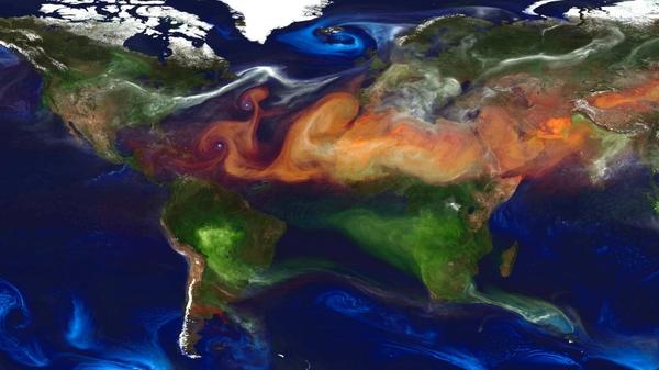 A lot of the airborne particles in the Earth's atmosphere come from natural sources, such as desert dust (red-orange) and sea salt (blue). But there's also soot from fires (green and yellow) and sulfur emissions (white) from burning fossil fuel.