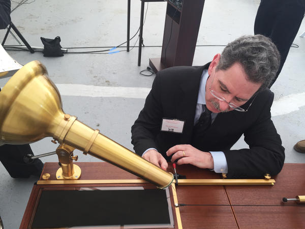 David Giovannoni uses a reproduction of Scott's phonautograph. Giovannoni is part of the team that recovered the audio from Scott's recordings.