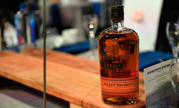 A bottle of Bulleit Bourbon is displayed at an awards ceremony in February in Santa Monica, Calif. American distillers say they are concerned about potential EU tariffs against bourbon, if the U.S. imposes a tariff on steel.