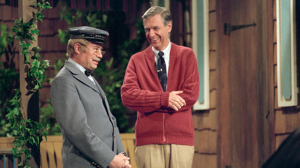 Mr. McFeely (David Newell) and Fred Rogers on set, in the documentary <em>Won't You Be My Neighbor?</em>