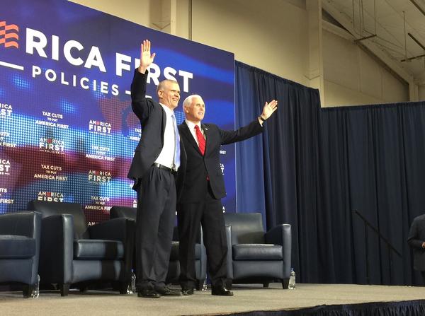Vice President Mike Pence, right, and Republican U.S. Senate Candidate Matt Rosendale greet the crowd gathered for the America First Policies rally in Billings.
