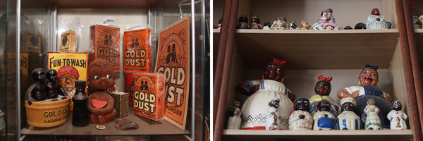 Oran's collection contains many items that illustrate negative stereotypes, from shirtless, dark-skinned children on boxes of Gold Dust Washing Powder (left) to cookie jars depicting the mammy housemaid caricature (right).