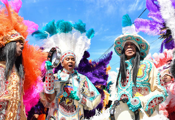 Mardi Gras Indian Big Chief Monk Boudreaux (right) and members of his Golden Eagles tribe in March 2019 in New Orleans.