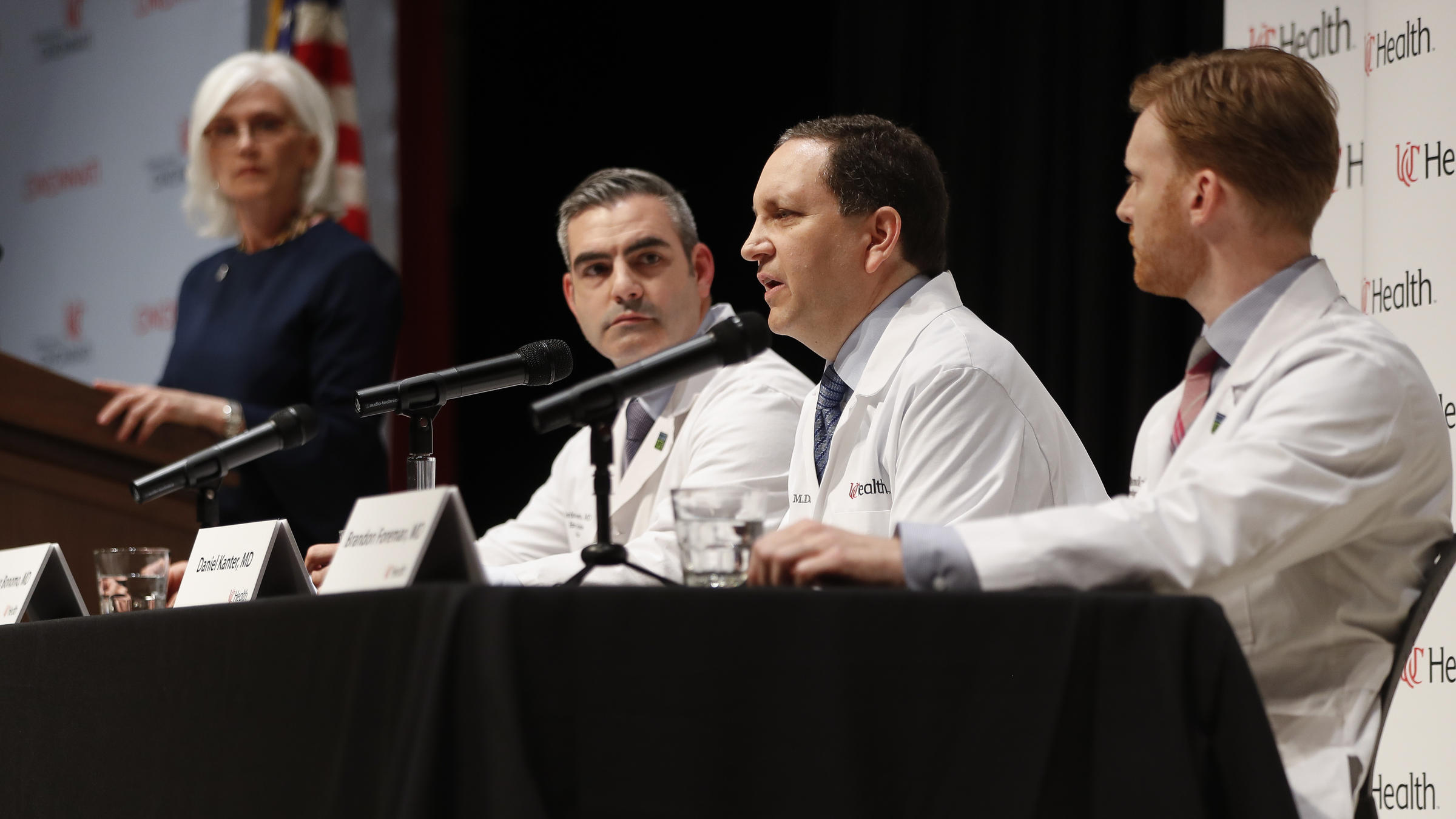 Daniel Kanter, medical director of the neurocritical care program in Cincinnati speaks to reporters alongside doctors Jordan Bonomo and Brandon Foreman on Thursday. They say released U.S. student Otto Warmbier is in a state
