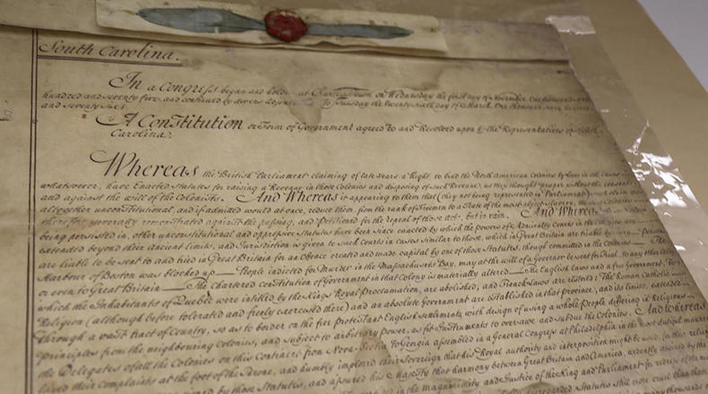South Carolina's Constitution of 1861 underwent a lamination preservation process. Archivists no longer use the process after it was realized the laminate material degrades into an acid, doing more damage to the documents.