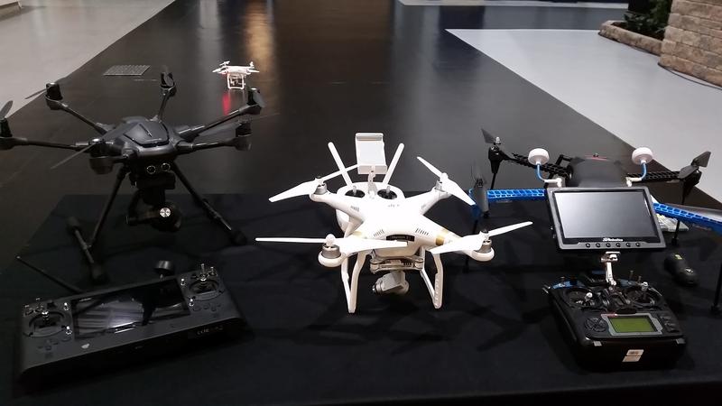 An assortment of drones that could be used in the field to take insurance claims.