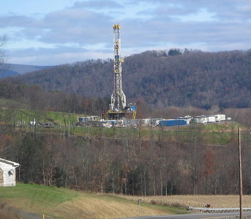 Tower for drilling horizontally into the Marcellus Shale Formation for natural gas, from Pennsylvania Route 118 in eastern Moreland Township, Lycoming County, Pennsylvania, USA