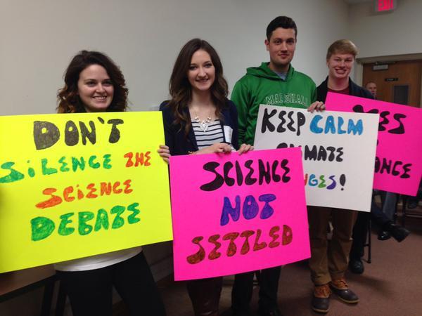 Four students from Marshall University spoke to the board- Caitlyn Grimes (L), Jenna Atkins, Jake Waldman and Matt Jarvis.  The students are not science majors, but they are mentored by a group called CFACT and deny climate change as a proven scientific fact. 