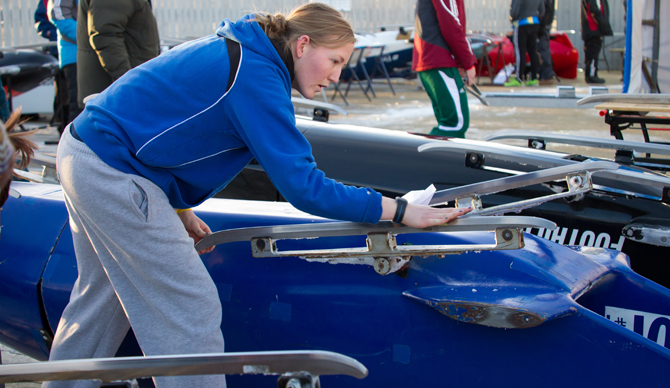anna nostrant preparing for   bobsled run.