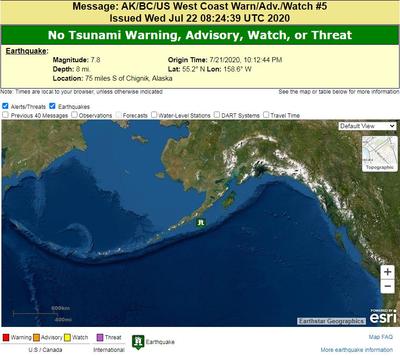 Tsunami Warning Cancelled After 7 8 Magnitude Earthquake Hit 75 Miles South Of Chignik Kdlg