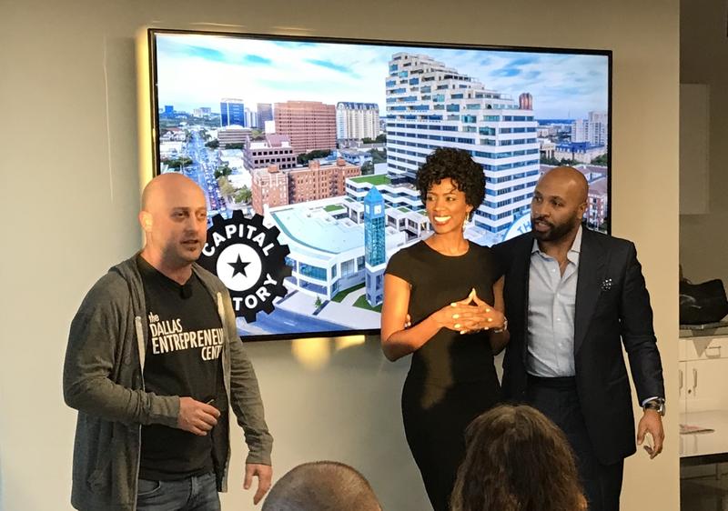 Josh Baer, left, announces Shearshare founders Courtney and Tye Caldwell the Dallas winners of the Diversity & Inclusion Investment Challenge.