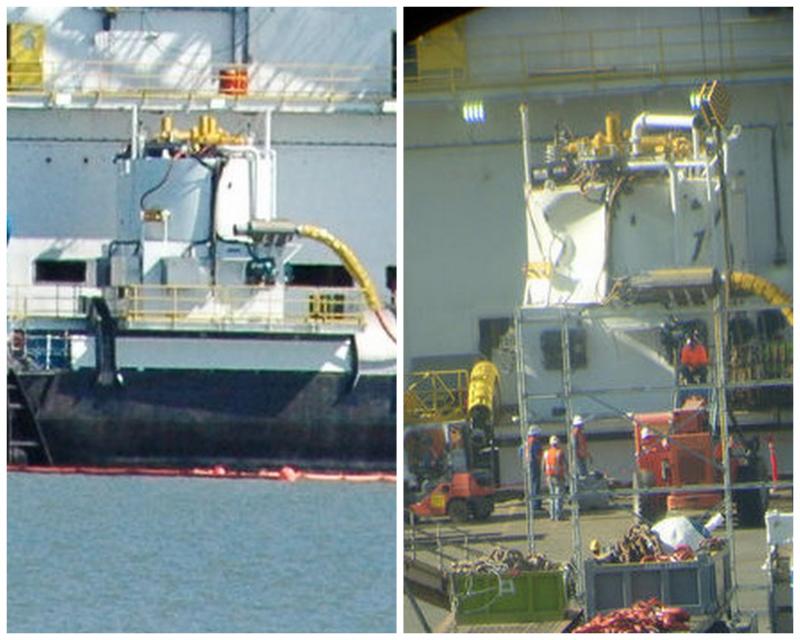 The Arctic Challenger containment dome before (left) and after (right) a failed sea trial.