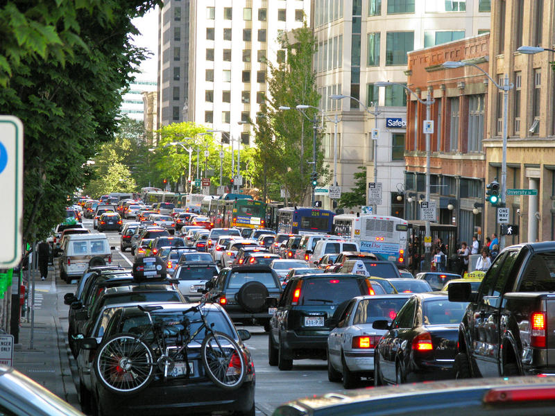 Traffic on Second Avenue in downtown Seattle.
