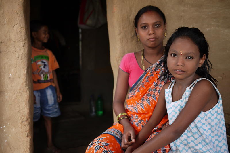 Pujpha Bania, 33, and her daughter Manisha, 8, are migrant workers from Odisha state in northeast India. They travelled several days by train to work at a brick kiln near Hyderabad, India.