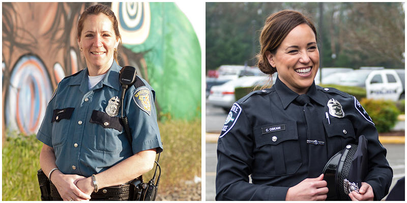 Seattle Police officers in the old uniform (left) and newly redesigned uniform (right).