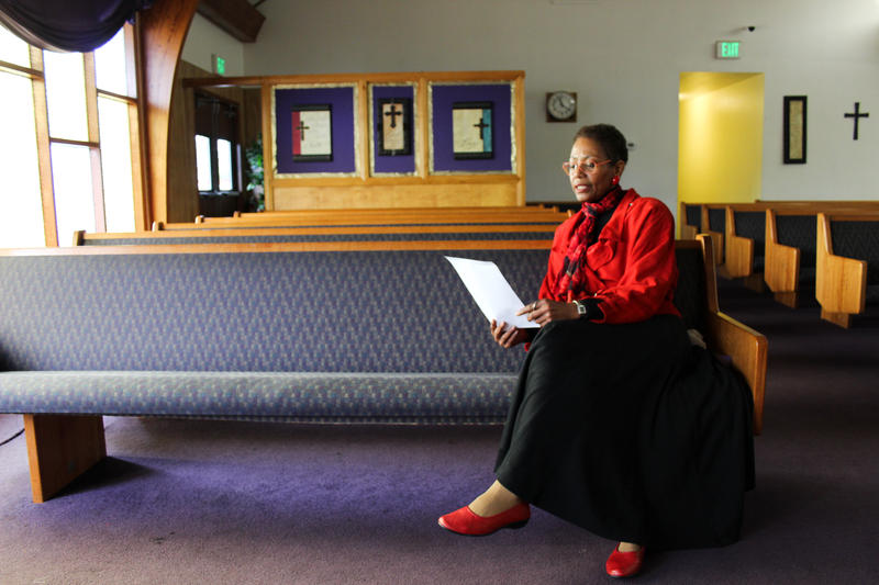Karen Shiveley, 67, waits to meet the pastor of a Baptist church in Everett. Shiveley has been checking out several churches around the Seattle area, hoping to find the right fit.