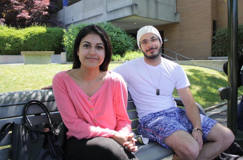 Bellevue College student Ravneet Sandhu (left) lives with her family to save money and commute time. Her friend  Noureddine Kassab is an international student from Lebanon.  