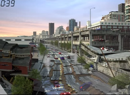A scene from a simulation by the Washington State Department of Transportation of what could happen if a massive earthquake hits the Alaskan Way Viaduct. 
