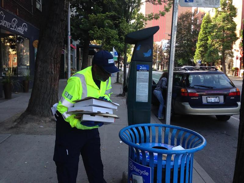 Lee Townsend with the Metroplitan Improvement District checks his "hotspots" in Belltown for litter...and worse.