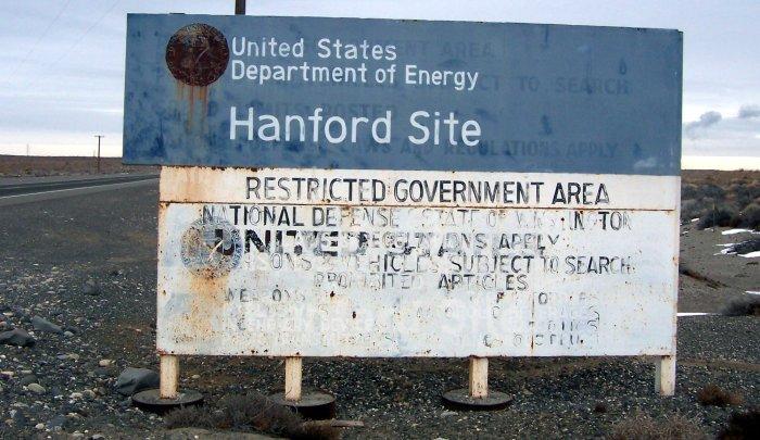 Highway sign on a road entering the Hanford Site