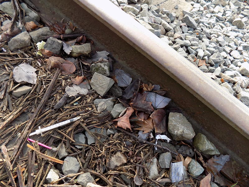A discarded hypodermic needle next to the train tracks outside the Yankee Diner on Shilshole Avenue. Neighbors have complained about drug use, waste and garbage they attribute to car campers and RVs in the neighborhood.