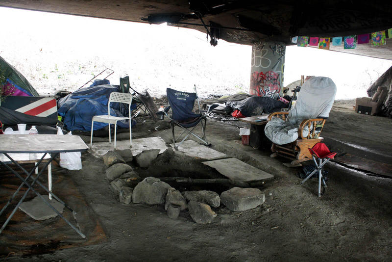 A camp area at the caves in the north part of the Jungle, Seattle's notorious homeless encampment that leapt onto the map after a fatal shooting in January.