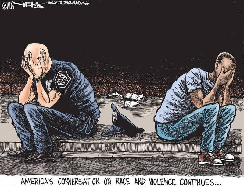 This cartoon by Kevin Siers of The Charlotte Observer, following the police shootings in Dallas, Texas, is part of Suzzallo Library’s Editorial Cartoons exhibit.