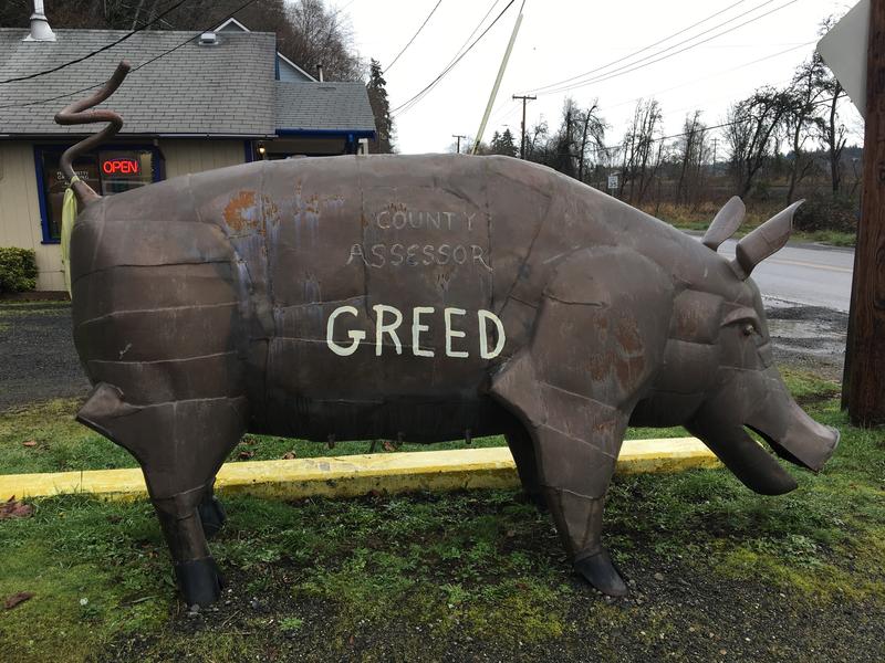 A pig statue on the road into Shelton protests property taxes.