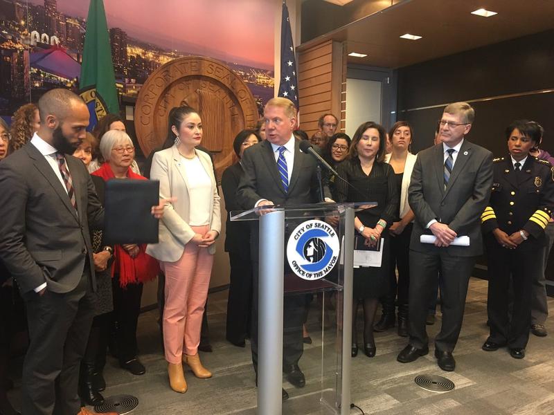 Seattle Mayor Ed Murray announces a lawsuit against the Trump administration on March 29, 2017.