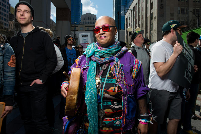 'If you feel it in your heart that means the drum is working,' said Mama Love, during a Black Lives Matter rally and march in Seattle Saturday April 15, 2017.
