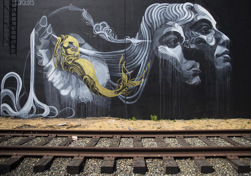 A mural painted by artist Caratoes is shown on Tuesday, August 15, 2017, along the Sodo Track in Seattle. 