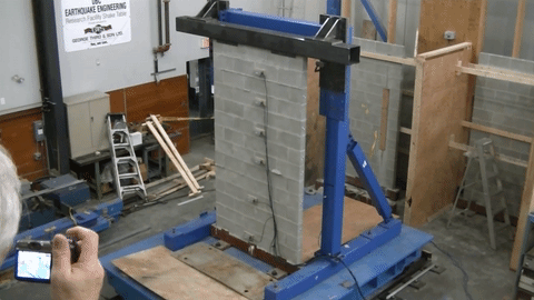 An unreinforced masonry wall fails a shake test at the University of British Columbia