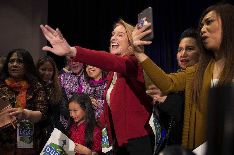 Jenny Durkan waves to supporters after giving a speech on Tuesday, November 7, 2017, at The Westin in Seattle.