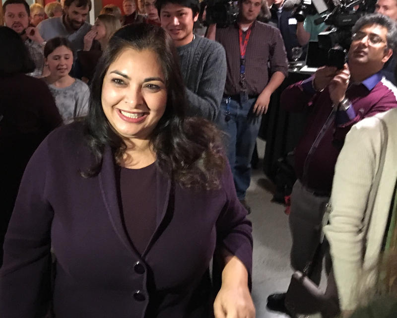 Manka Dhingra greets supporters at her Election Night party on Tuesday, November 7, 2017.