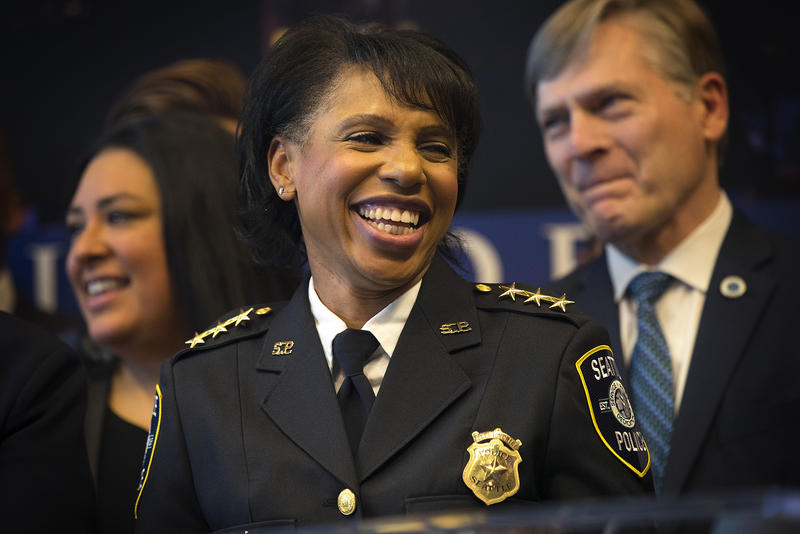 FILE: Then-Deputy Chief Carmen Best smiles during a press conference on Monday, December 4, 2017, at Seattle City Hall. Best will be interim Seattle Police Chief.