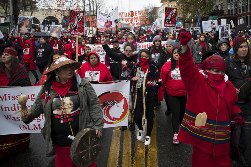 Missing and Murdered Indigenous Women of Washington members start the Women's March on Saturday, January 20, 2018, on Pine St., in Seattle.