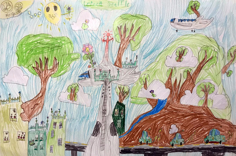 Jane, 7, drew this version of a climate-friendly Seattle for a KUOW drawing contest.
