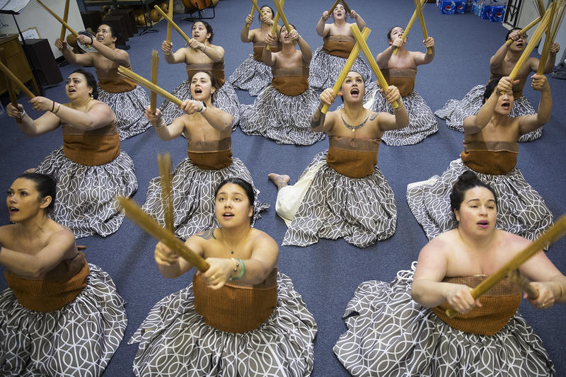 Dancers practice the traditional Kahiko dance that they will perform at the Merrie Monarch Festival, on Thursday, March 22, 2018, at the halau in Federal Way. 