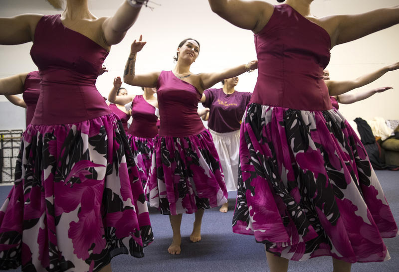 Leilani Kaaiwela-Pedreira, center, practices the 'Auana dance that the group will perform at the Merrie Monarch Festival in Hilo, on Thursday, March 22, 2018, at the halau in Federal Way. 