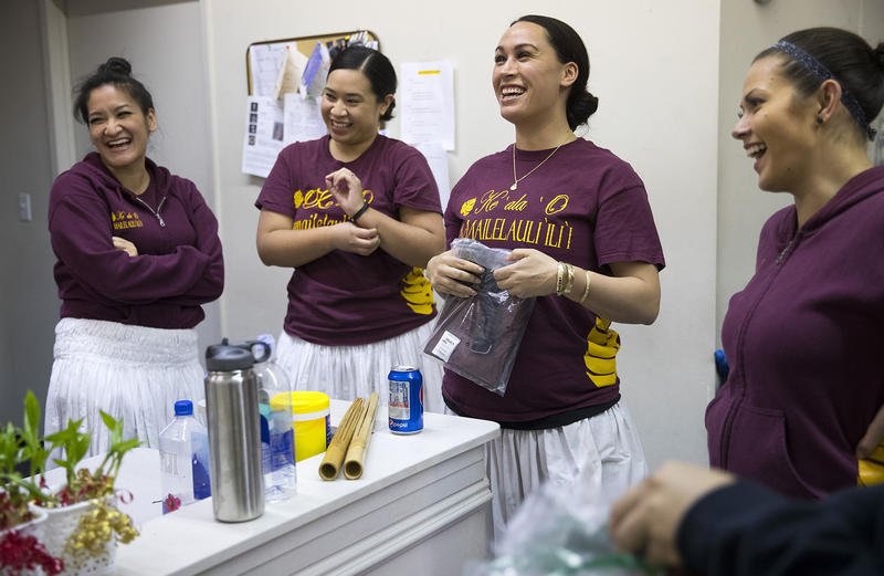 From left, Sharie Wong, Rachel Aleaga-Tofa, Leilani Kaaiwela-Pedreira and Carmen Tuncap laugh during practice on Friday, March 16, 2018, at the halau in Federal Way. 